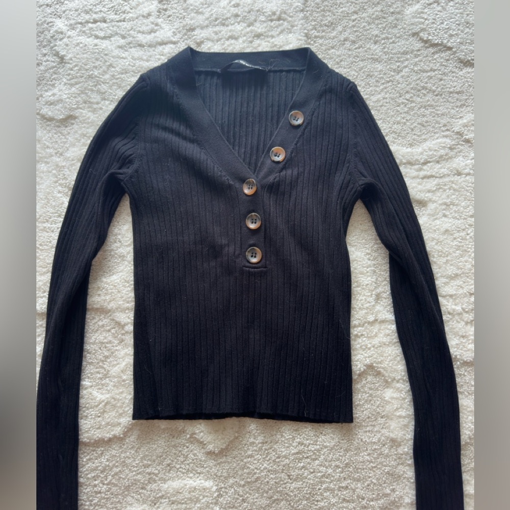 Black Ribbed Button-Up Sweater